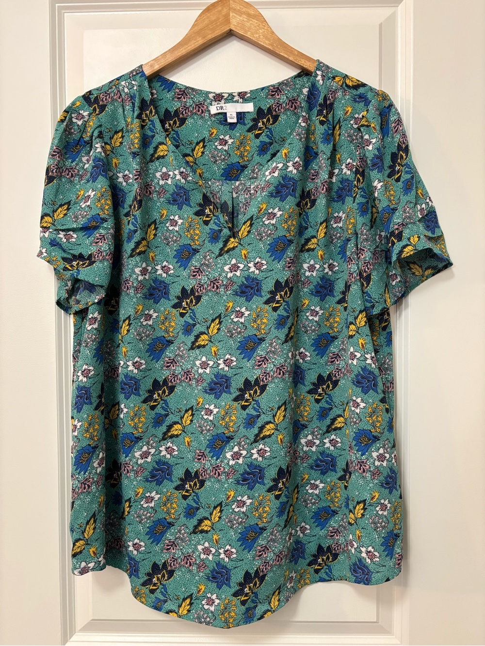DR2 Teal Multicolor Floral Print Short-Sleeve Top, Size XL